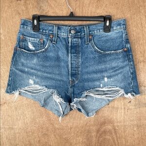 Levi’s 501 Premium Classic High-Rise Distressed Denim Shorts Blue Women’s Sz W30